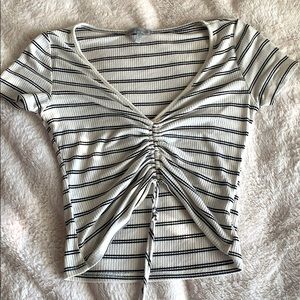 Black and White Striped Cropped Ruched Top